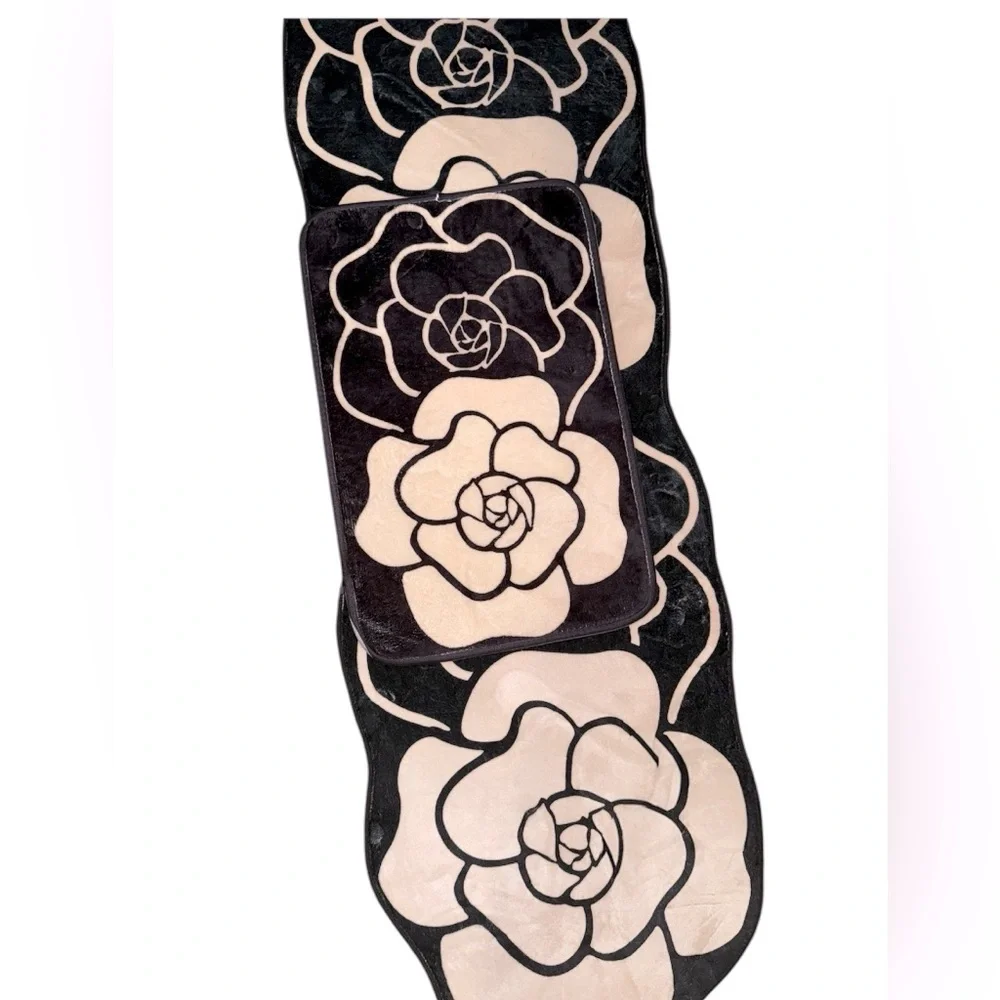 Elevate Your Space with Timeless Elegance: Black Cream Camellia flower rugs